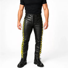 Load image into Gallery viewer, Men's Black Striped Motorcycle Leather Pant| Real Soft Sheepskin Side Laced Biker Pant.