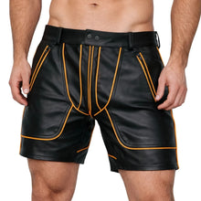 Load image into Gallery viewer, Men's Black Full Zipper Leather Shorts. Genuine Sheepskin Leather Striped Shorts