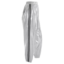 Load image into Gallery viewer, A pair of 2 women's silver striped leather pant. Real soft sheepskin leather track 34