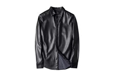 Load image into Gallery viewer, Men's Black/ Brown Vintage Leather Shirt| Genuine Sheepskin Cafe Racer Leather Shirt XL