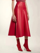 Load image into Gallery viewer, New Women's Red Leather Skirt. Real Sheepskin Flared Formal Wear Leather Skirt.