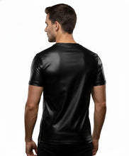 Load image into Gallery viewer, Mens & boys black half sleeve leather T-Shirt. Real Soft Sheepskin leather V-neck T-shirt.