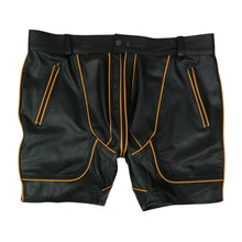 Load image into Gallery viewer, Men's Black Full Zipper Leather Shorts. Genuine Sheepskin Leather Striped Shorts