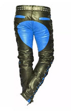 Load image into Gallery viewer, Mens Side Laced Black & Blue Biker Leather Pant. Real Soft Lambskin Leather Pant