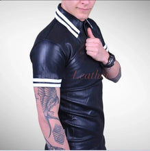 Load image into Gallery viewer, Men's & boys black biker Leather T-Shirt. Real Soft Sheepskin leather| Striped.