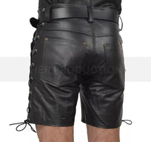 Load image into Gallery viewer, Men's Black Laced Leather Shorts. Real Soft Sheepskin Breathable leather Shorts.