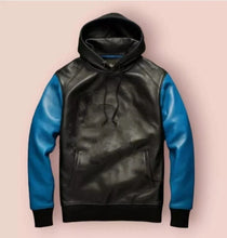 Load image into Gallery viewer, New Men's Black & Blue Leather Hoody| Genuine Sheepskin Leather Hooded Jacket M.