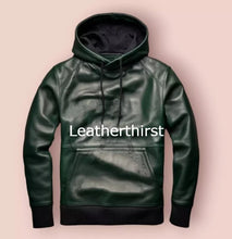 Load image into Gallery viewer, Men's & boys Olive Green & Black Premium Leather Hoodie. Real Soft Lambskin leather Hoody.