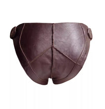 Load image into Gallery viewer, A pair of 2 Men's Brown Gladiator Style Briefs. Real Sheepskin Leather Jocks 34.