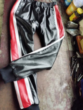 Load image into Gallery viewer, Men's Leather Black Lambskin Sweat Striped Pant. Real Soft Leather Joggers trouser