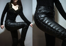 Load image into Gallery viewer, Womens New Motorcycle Leather Pant. Real Soft Lambskin Sided Laced Black Pant 34