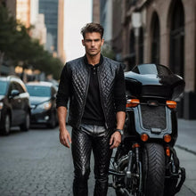 Load image into Gallery viewer, New black quilted biker leather vest for men. Genuine soft lambskin leather jacket...
