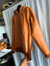 Load image into Gallery viewer, Mens Camel Tan Hooded Bomber Leather Jacket. Real Soft Sheepskin Leather Jacket.