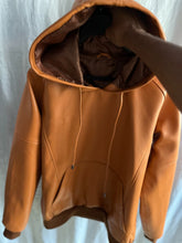 Load image into Gallery viewer, Mens Camel Tan Hooded Bomber Leather Jacket. Real Soft Sheepskin Leather Jacket.