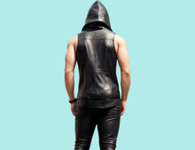 Load image into Gallery viewer, New Mens Black Hooded Leather Vest. Real Soft Sheepskin Leather Biker Vest. XL
