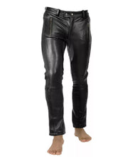 Load image into Gallery viewer, Pair of 2 men's black, brown quilted biker leather pants. Pants made of real soft sheepskin leather.