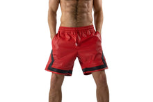 Load image into Gallery viewer, Men's Red Biker Striped Leather Shorts. Real Soft Sheepskin Breathable Leather.