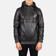Load image into Gallery viewer, New Mens Black Hooded Bomber Leather Jacket. Real Soft Sheep Skin Leather Jacket