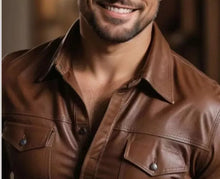 Load image into Gallery viewer, Dark brown men's leather shirt with flowing sleeves. Real Lambskin Biker...