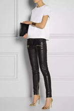 Load image into Gallery viewer, Women's Black Quilted Biker Leather Pant. Real Soft Lambskin Leather Jeans 34.
