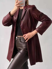 Load image into Gallery viewer, New Women's Wine Red Leather Coat. Real Soft Sheep Skin Leather Overcoat M