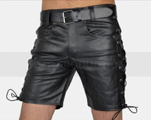 Load image into Gallery viewer, Men's Black Laced Leather Shorts. Real Soft Sheepskin Breathable leather Shorts.