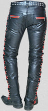 Load image into Gallery viewer, Mens Side Laced Black & Red Biker Leather Pant. Real Soft Lambskin Leather Pant 34