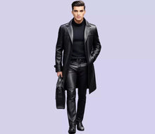 Load image into Gallery viewer, New Mens Black Trench Leather Long Coat. Genuine Soft Lambskin Leather Jacket XL