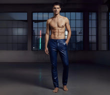 Load image into Gallery viewer, Men's Blue/ Brown Double Layered Leather Pant. Real Soft Lambskin Biker Leather Pant 34.