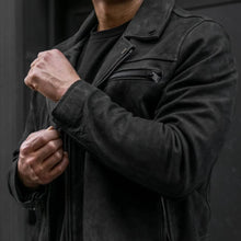 Load image into Gallery viewer, Mens Black Motorcycle Leather Jacket . Real Soft Sheepskin Suede leather jacket.
