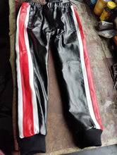 Load image into Gallery viewer, Men's Leather Black Lambskin Sweat Striped Pant. Real Soft Leather Joggers trouser