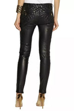 Load image into Gallery viewer, Women's Black Quilted Biker Leather Pant. Real Soft Lambskin Leather Jeans 34.