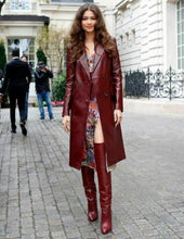 Load image into Gallery viewer, Women's New Trench Leather coat. Real Soft Lambskin Leather. Burgundy Long Coat.