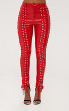 Load image into Gallery viewer, Women's Red Lace Up Capri Leather Pants. Real Soft Lambskin Biker Leather Pant..