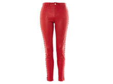 Load image into Gallery viewer, Women's Red Lace Up Capri Leather Pants. Real Soft Sheepskin Biker Leather Pant.
