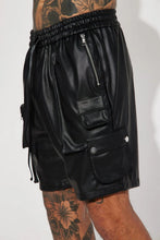 Load image into Gallery viewer, Men's New Black Cargo Leather Shorts. Real Soft Sheepskin leather Biker Shorts.