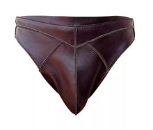 Load image into Gallery viewer, A pair of 2 Men's Brown Gladiator Style Briefs. Real Sheepskin Leather Jocks 34.