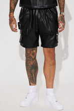 Load image into Gallery viewer, Men's New Black Cargo Leather Shorts. Real Soft Sheepskin leather Biker Shorts.