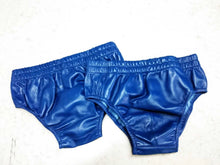 Load image into Gallery viewer, A pair of 4 Men's styled Black and Blue Briefs. Real Soft Sheepskin Leather Underwears.