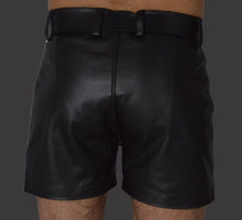 Load image into Gallery viewer, Brand New Men's Black Leather Shorts. Real Soft Sheepskin leather LGBTQ Shorts.