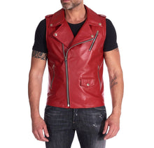 Load image into Gallery viewer, Smart mens best Red leather vest for motorcycle. Real Soft Leather Biker Vests.