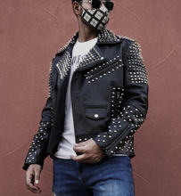 Load image into Gallery viewer, Mens New Silver Studded Biker Leather Jacket. Real Sheepskin Leather Motorcycle.