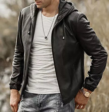 Load image into Gallery viewer, Mens New Hooded Black Leather Jacket. Real Soft Lambskin Leather Biker Jacket M