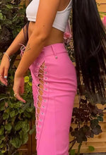 Load image into Gallery viewer, Women's New Lace Up Pink Leather Pants. Real Soft Sheepskin Biker Leather Pant.
