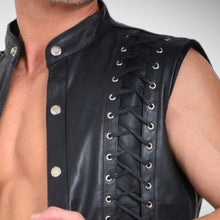 Load image into Gallery viewer, Black leather vest for mens. Real Soft sheepskin lace up motorcycle Leather Vest