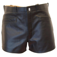 Load image into Gallery viewer, Men's New Black leather Shorts. Real Soft Sheepskin Belted Biker leather Shorts.