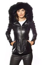 Load image into Gallery viewer, Women's New Black Hooded Fur Leather Jacket. Real Soft Lambskin Slim Fit Jacket.