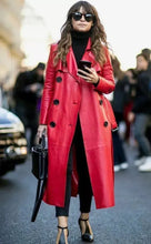 Load image into Gallery viewer, Women's New Trench Leather coat. Real Soft Lambskin Leather Red Long Coat.