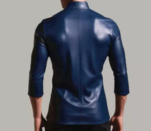 Load image into Gallery viewer, Men's Dark Blue Motorcycle Leather Jacket. Real Soft Sheepskin Leather T-shirt M