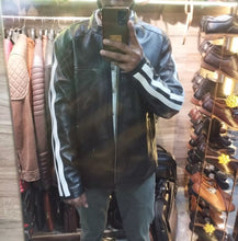 Load image into Gallery viewer, Mens Black Motorcycle Leather Jacket. Real soft sheepskin leather Striped jacket